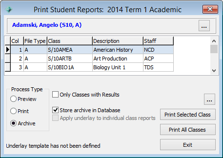 Print Student Reports window