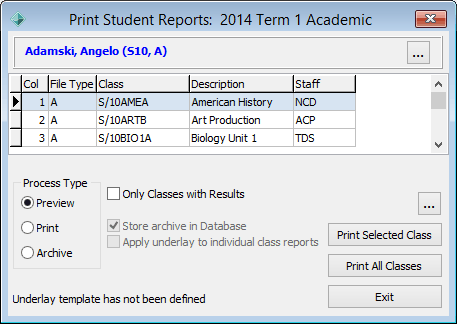 Print Student Reports window