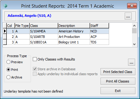 Print Student Reports window