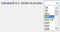 Process Business Activity Statement window (Individual B.A.S. Section to process field)