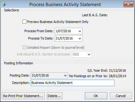 Process Business Activity Statement window