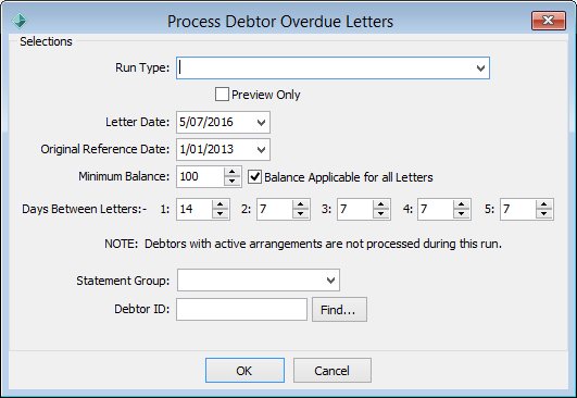 Process Debtor Overdue Letters window