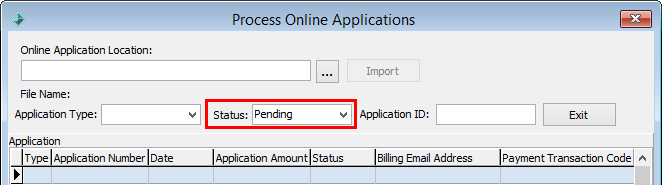 Process Online Applications window (cutdown, Status field highlighted)
