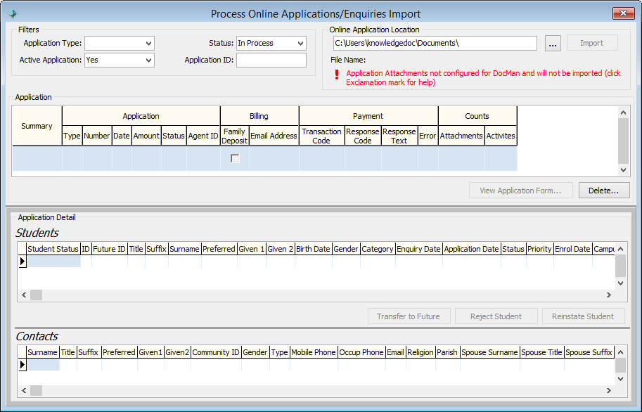 Process Online Application window