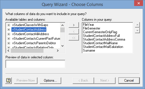 Query Wizard - Choose Columns (Edit existing query)