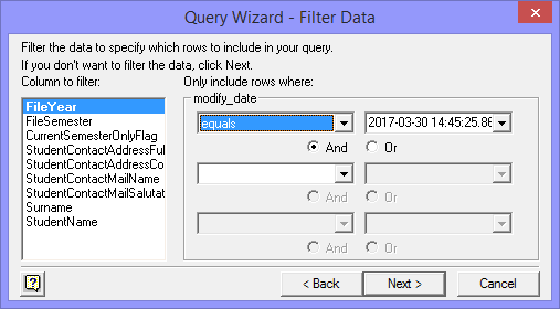Query Wizard - Filter Data window
