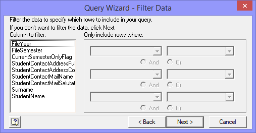 Query Wizard - Filter Data window