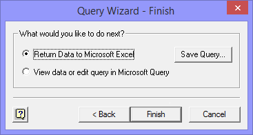 Query Wizard - Finish window