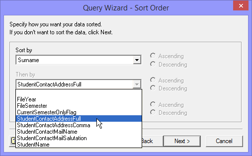 Query Wizard - Sort Order window