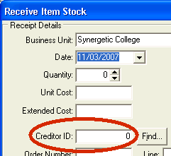 Receive Item Stock window (highlighted Creditor ID field)