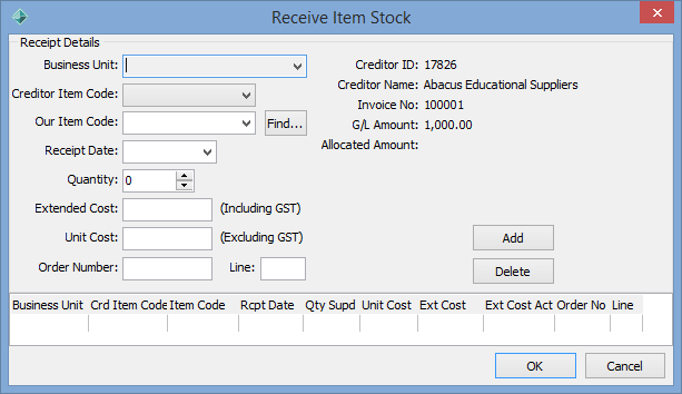 Receive Item Stock (Creditor Invoice Entry)