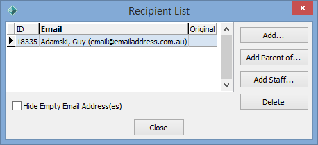 Recipient List window
