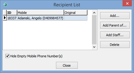 Recipient List window