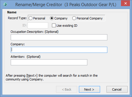 Rename Merge Creditor - Name window