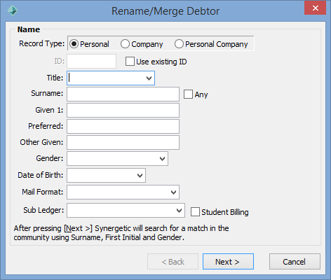 Rename/Merge Debtor - Name window