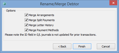 Rename/Merge Debtor - Options window
