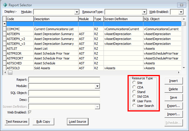 Report Selector (resource type highlighted)