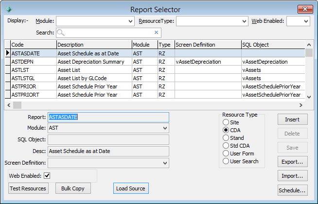Report Selector window