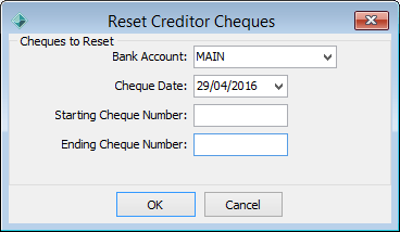 Reset Creditor Cheques