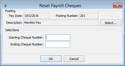 Reset Payroll Cheques window
