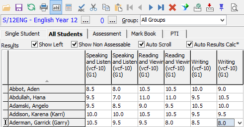 Results Maintenance - All Students tab (Victorian Curriculum results example)