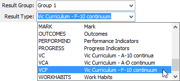 Result Type drop-down list (Victorian Curriculum)