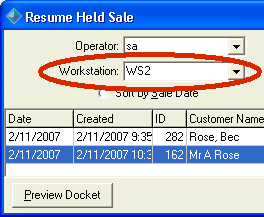 Resume Held Sale window (Workstation highlighted)
