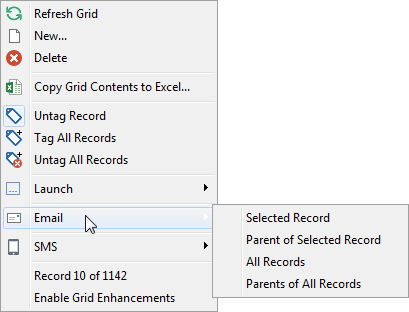 Right mouse grid (Email Record highlighted)