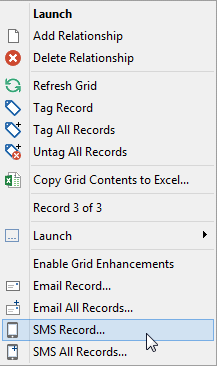 right mouse grid (SMS Record highlighted)