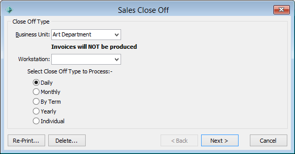 Sales Close Off - Close Off Type window (cut down)