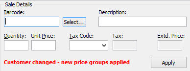 Sales Entry - Sale Details area (customer changed new price groups warning)
