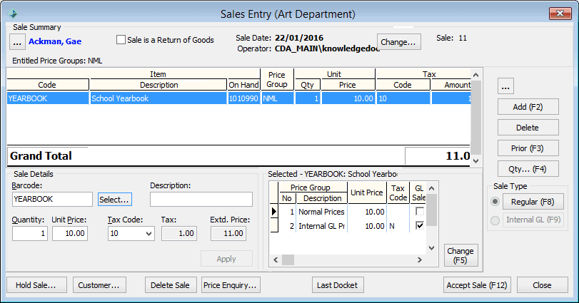 Sales Entry window (after resuming a held sale)