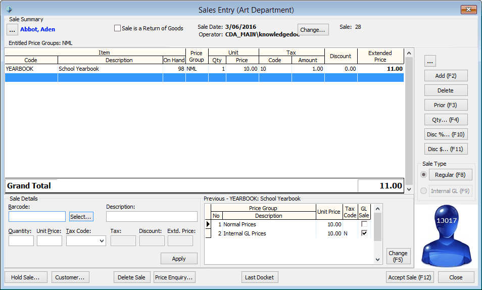 Sales Entry window (populated, 6.80 sale)