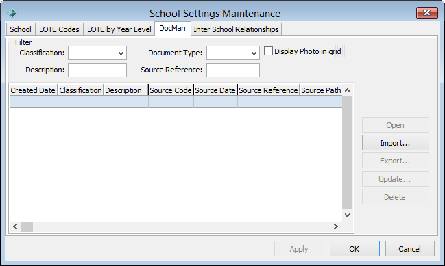 School Settings Maintenance - DocMan tab (cut down)