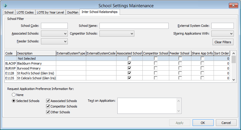 School Settings Maintenance - Inter School Relationships tab (cut down)