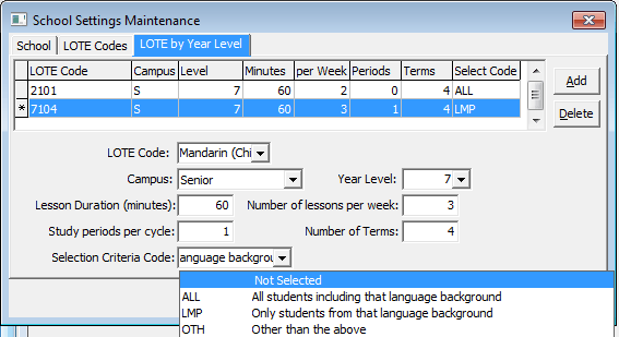 School Settings Maintenance - LOTE by Year Level tab (lookup table example)