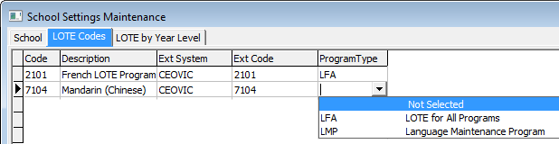 School Settings Maintenance - LOTE Codes (lookup example, program type)
