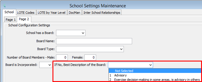 School Settings Maintenance - School tab - Page 2 sub-tab - luSchoolBoardNonIncorporatedType