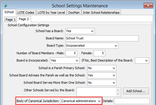 School Settings Maintenance - School tab - Page 2 sub-tab - luSchoolCanonicalJusrisdictionBody