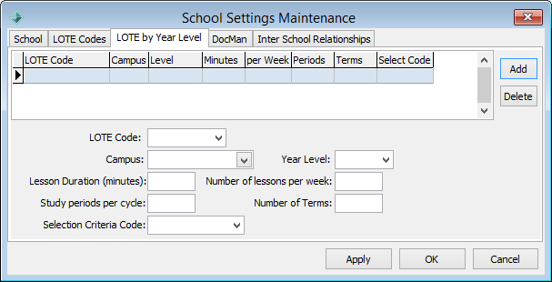School Settings Maintenance window - LOTE by Year Level tab