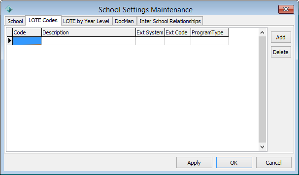School Settings Maintenance window - LOTE Codes tab