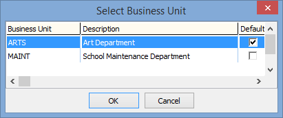 Select Business Unit window (initial, sales)