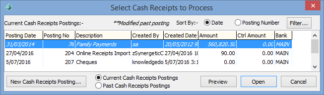 Select Cash Receipts to Process window