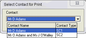 Contact drop-down list (Select Contact for Print window)