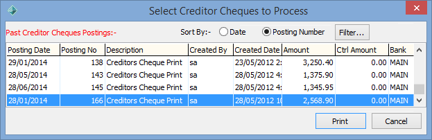 Select Creditor Cheques to Process window