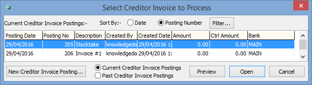 Select Creditor Invoice to Process window