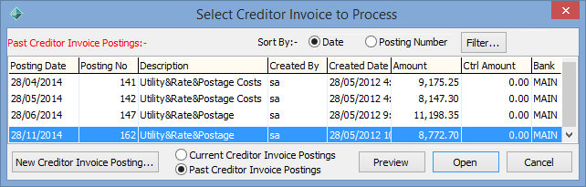 Select Creditor Invoice to Process window
