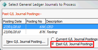 Select General Ledger Journals to Process (cut down, past postings highlighted)