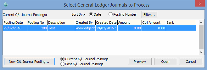 Select General Ledger Journals to Process window