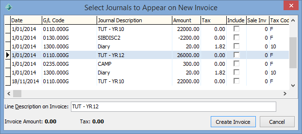 Select Journals to Appear on New Invoice window